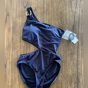 Michael Kors One Shoulder Swimsuit 6 Navy Cutout Ring Detail